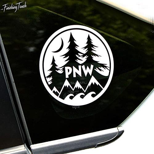 מדבקות PNW עגולות | 4 רכב לבן או חלון משאית/מדבקת פגוש | הר, אוקיינוס ​​ועצים עיצוב ייחודי לרכב, מחשב